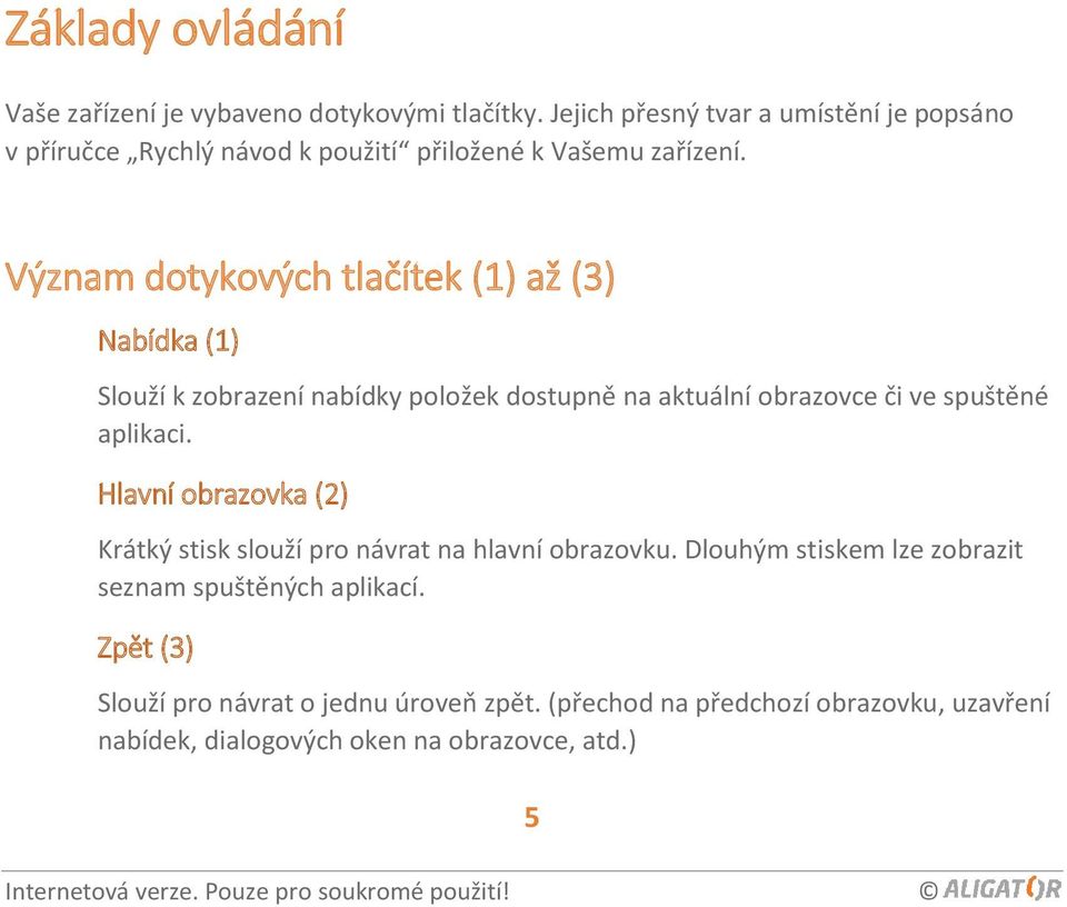 Význam dotykových tlačítek (1) až (3) Nabídka (1) Slouží k zobrazení nabídky položek dostupně na aktuální obrazovce či ve spuštěné aplikaci.