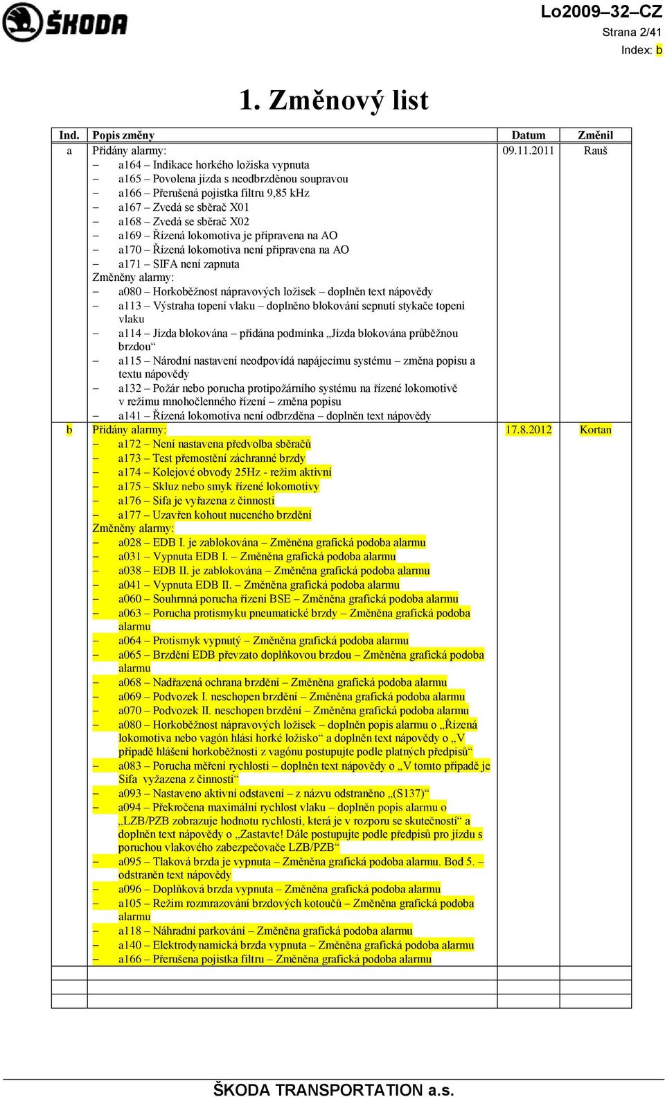 lokomotiva je připravena na AO a170 Řízená lokomotiva není připravena na AO a171 SIFA není zapnuta Změněny alarmy: a080 Horkoběžnost nápravových ložisek doplněn text nápovědy a113 Výstraha topení