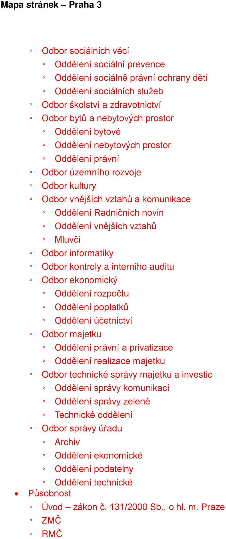 kontroly a interního auditu Odbor ekonomický Oddělení rozpočtu Oddělení poplatků Oddělení účetnictví Odbor majetku Oddělení právní a privatizace Oddělení realizace majetku Odbor technické správy