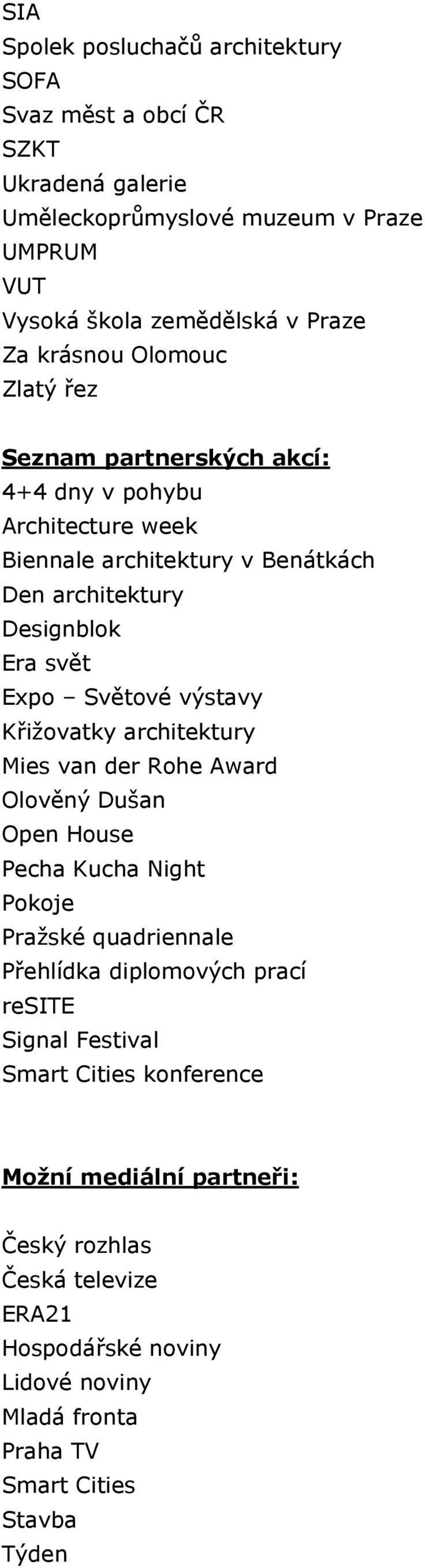 Světové výstavy Křižovatky architektury Mies van der Rohe Award Olověný Dušan Open House Pecha Kucha Night Pokoje Pražské quadriennale Přehlídka diplomových prací