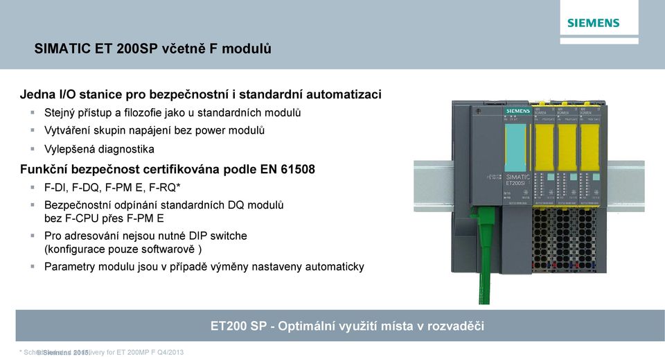 Bezpečnostní odpínání standardních DQ modulů bez F-CPU přes F-PM E Pro adresování nejsou nutné DIP switche (konfigurace pouze softwarově ) Parametry