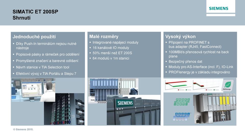 moduly 6 kanálové IO moduly 50% menší než ET 200S 64 modulů v m stanici Vysoký výkon Připojení na PROFINET s bus adapter (RJ45,