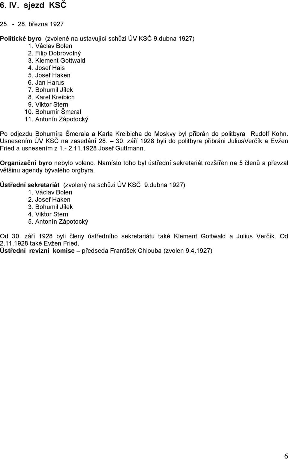 Usnesením ÚV KSČ na zasedání 28. 30. září 1928 byli do politbyra přibráni JuliusVerčík a Evžen Fried a usnesením z 1.- 2.11.1928 Josef Guttmann. Organizační byro nebylo voleno.