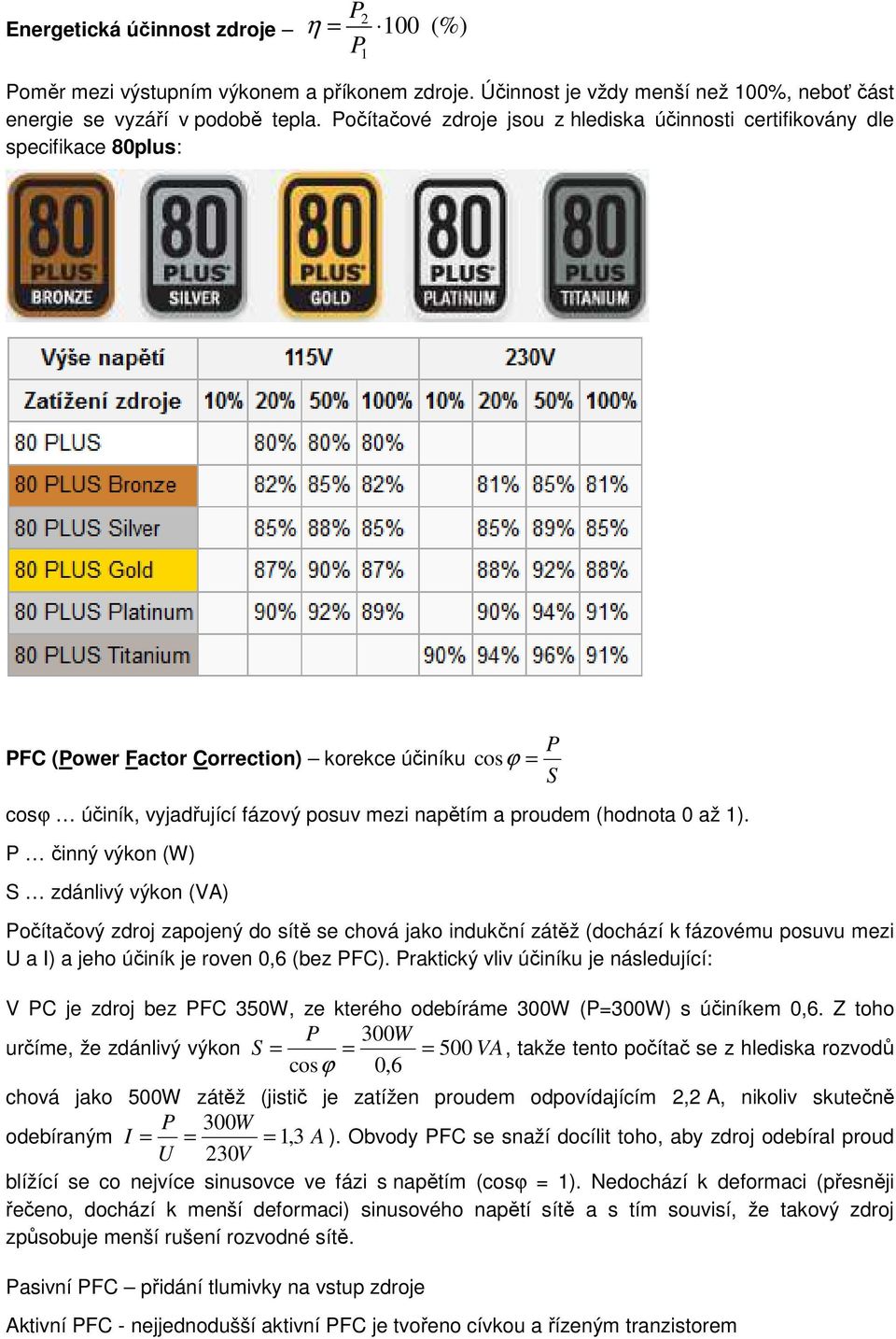 (hodnota 0 až 1). P činný výkon (W) S zdánlivý výkon (VA) Počítačový zdroj zapojený do sítě se chová jako indukční zátěž (dochází k fázovému posuvu mezi U a I) a jeho účiník je roven 0,6 (bez PFC).