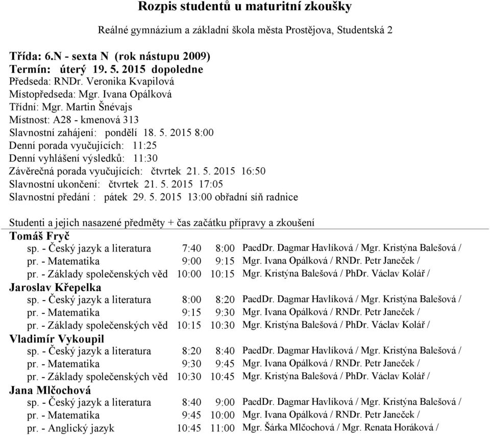 - Český jazyk a literatura 7:40 8:00 PaedDr. Dagmar Havlíková / Mgr. Kristýna Balešová / pr. - Matematika 9:00 9:15 Mgr. Ivana Opálková / RNDr. Petr Janeček / pr.