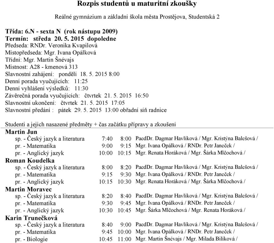 - Český jazyk a literatura 7:40 8:00 PaedDr. Dagmar Havlíková / Mgr. Kristýna Balešová / pr. - Matematika 9:00 9:15 Mgr. Ivana Opálková / RNDr. Petr Janeček / pr. - Anglický jazyk 10:00 10:15 Mgr.