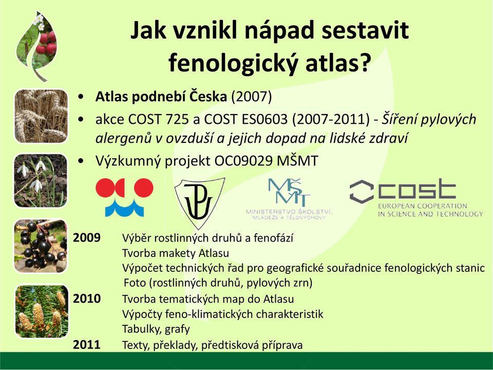 zdraví Výzkumný projekt OC09029 MŠMT 2009 Výběr rostlinných druhů a fenofází Tvorba makety Atlasu Výpočet technických řad pro