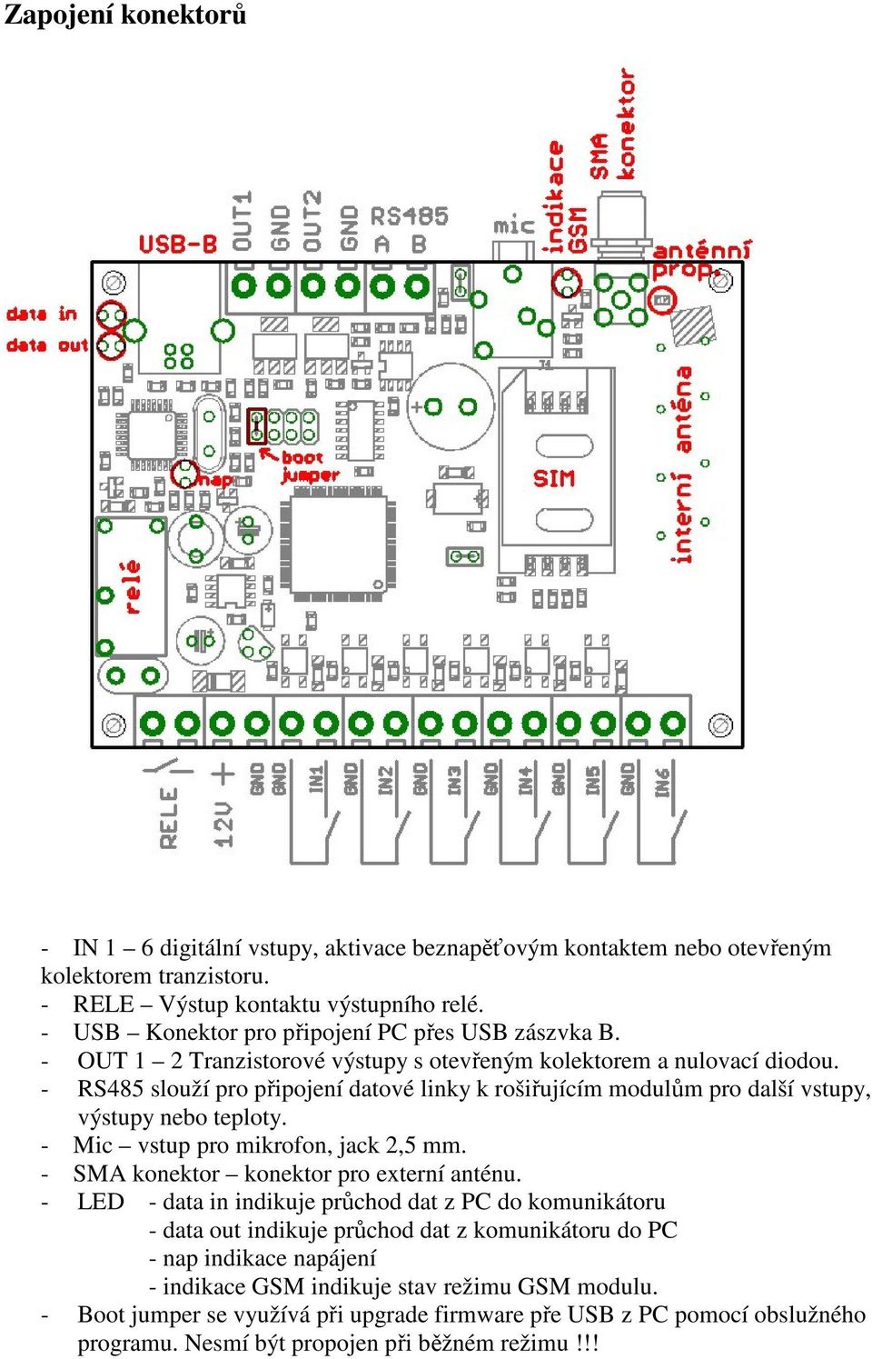 - RS485 slouží pro připojení datové linky k rošiřujícím modulům pro další vstupy, výstupy nebo teploty. - Mic vstup pro mikrofon, jack 2,5 mm. - SMA konektor konektor pro externí anténu.