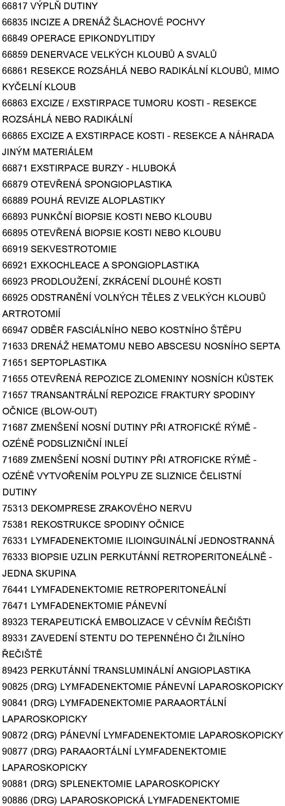 66889 POUHÁ REVIZE ALOPLASTIKY 66893 PUNKČNÍ BIOPSIE KOSTI NEBO KLOUBU 66895 OTEVŘENÁ BIOPSIE KOSTI NEBO KLOUBU 66919 SEKVESTROTOMIE 66921 EXKOCHLEACE A SPONGIOPLASTIKA 66923 PRODLOUŽENÍ, ZKRÁCENÍ