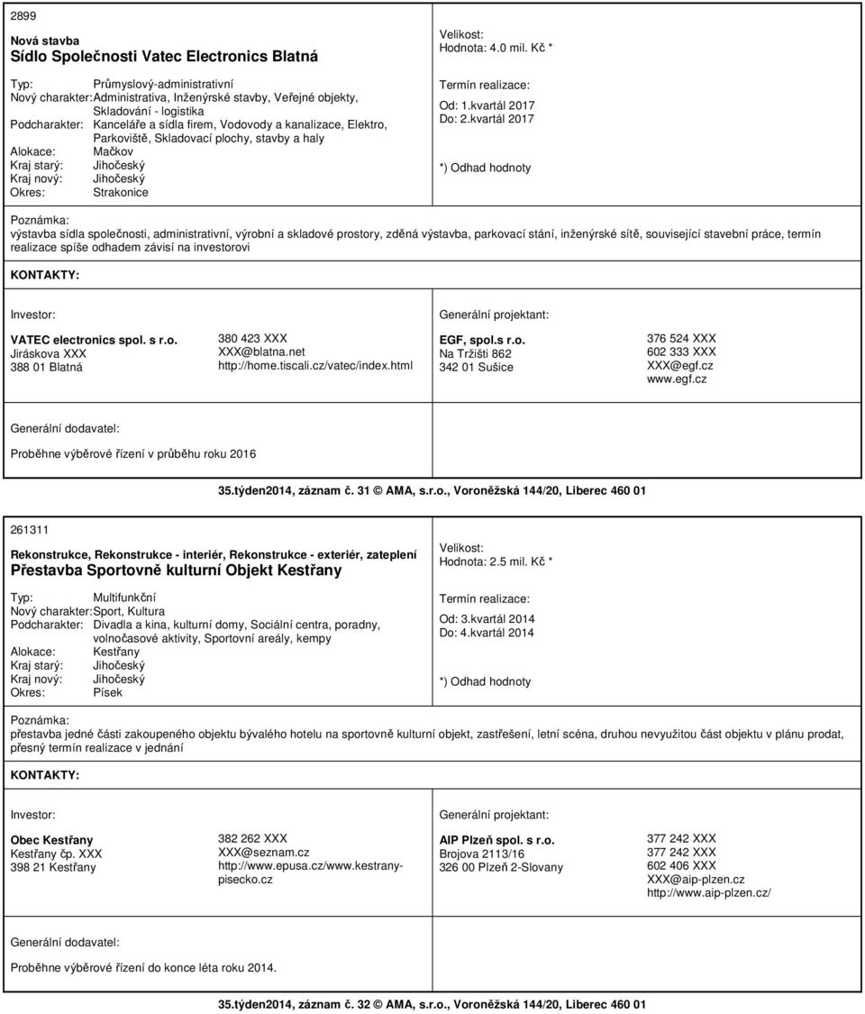 kvartál 2017 výstavba sídla společnosti, administrativní, výrobní a skladové prostory, zděná výstavba, parkovací stání, inženýrské sítě, související stavební práce, termín realizace spíše odhadem