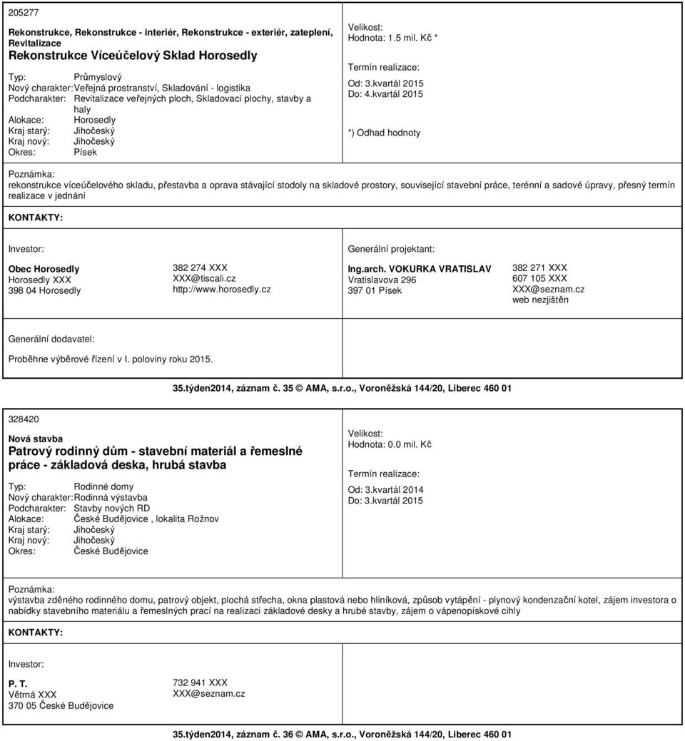 kvartál 2015 rekonstrukce víceúčelového skladu, přestavba a oprava stávající stodoly na skladové prostory, související stavební práce, terénní a sadové úpravy, přesný termín realizace v jednání Obec