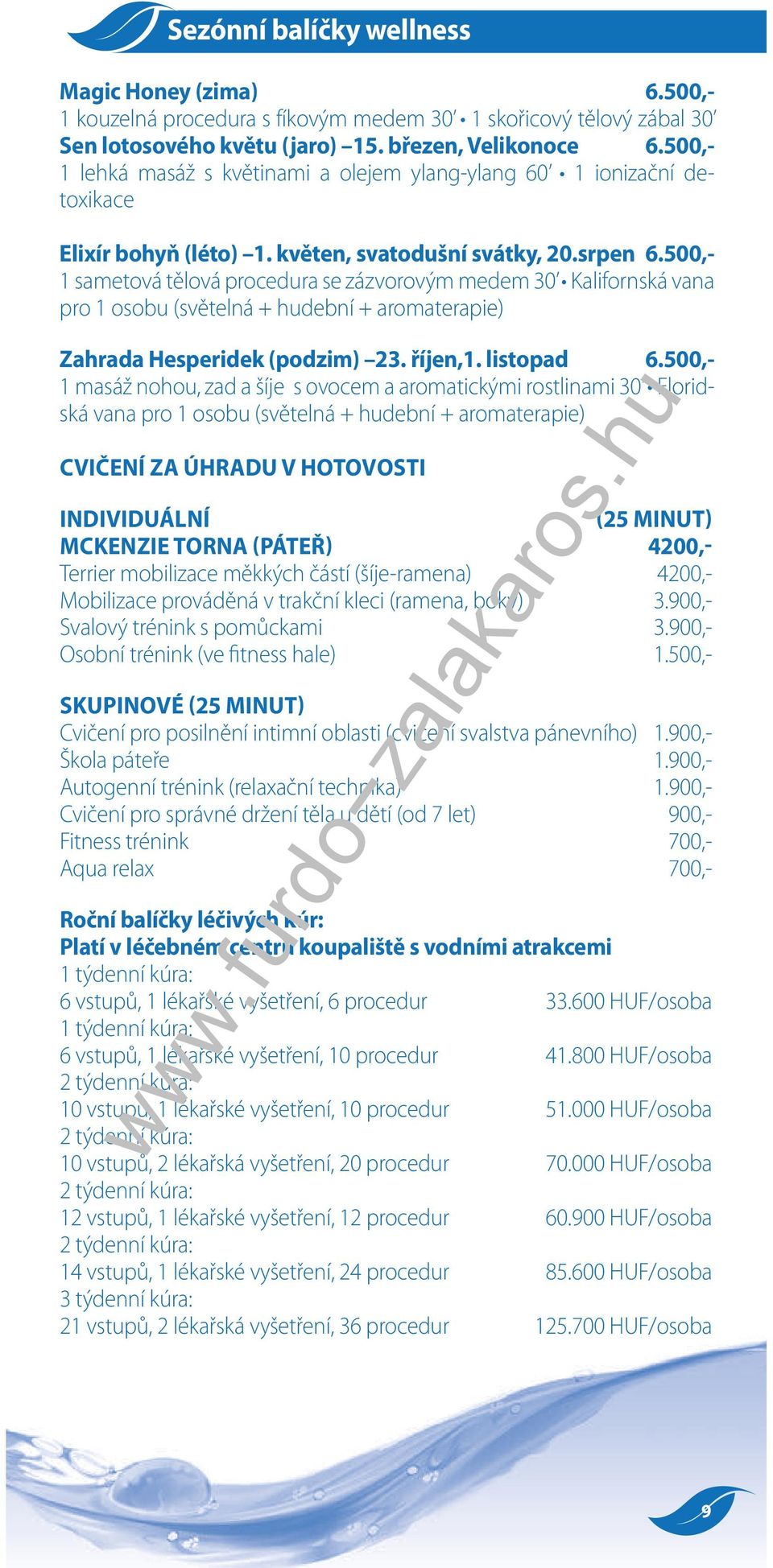 500,- ská vana pro 1 osobu (světelná + hudební + aromaterapie) CVIČENÍ ZA ÚHRADU V HOTOVOSTI INDIVIDUÁLNÍ (25 MINUT) MCKENZIE TORNA (PÁTEŘ) 4200,- Terrier mobilizace měkkých částí (šíje-ramena)