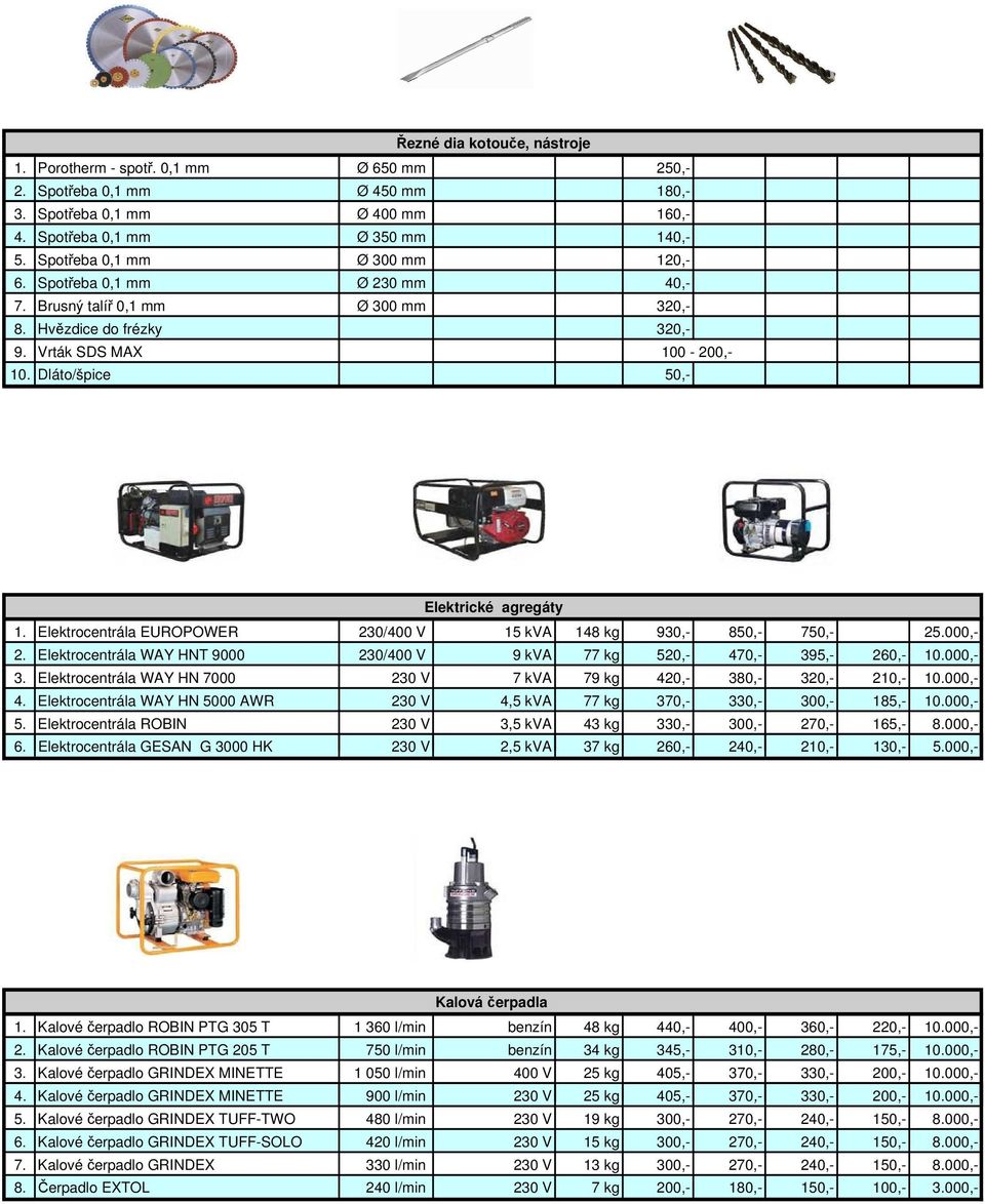 Elektrocentrála EUROPOWER 230/400 V 15 kva 148 kg 930,- 850,- 750,- 25.000,- 2. Elektrocentrála WAY HNT 9000 230/400 V 9 kva 77 kg 520,- 470,- 395,- 260,- 10.000,- 3.