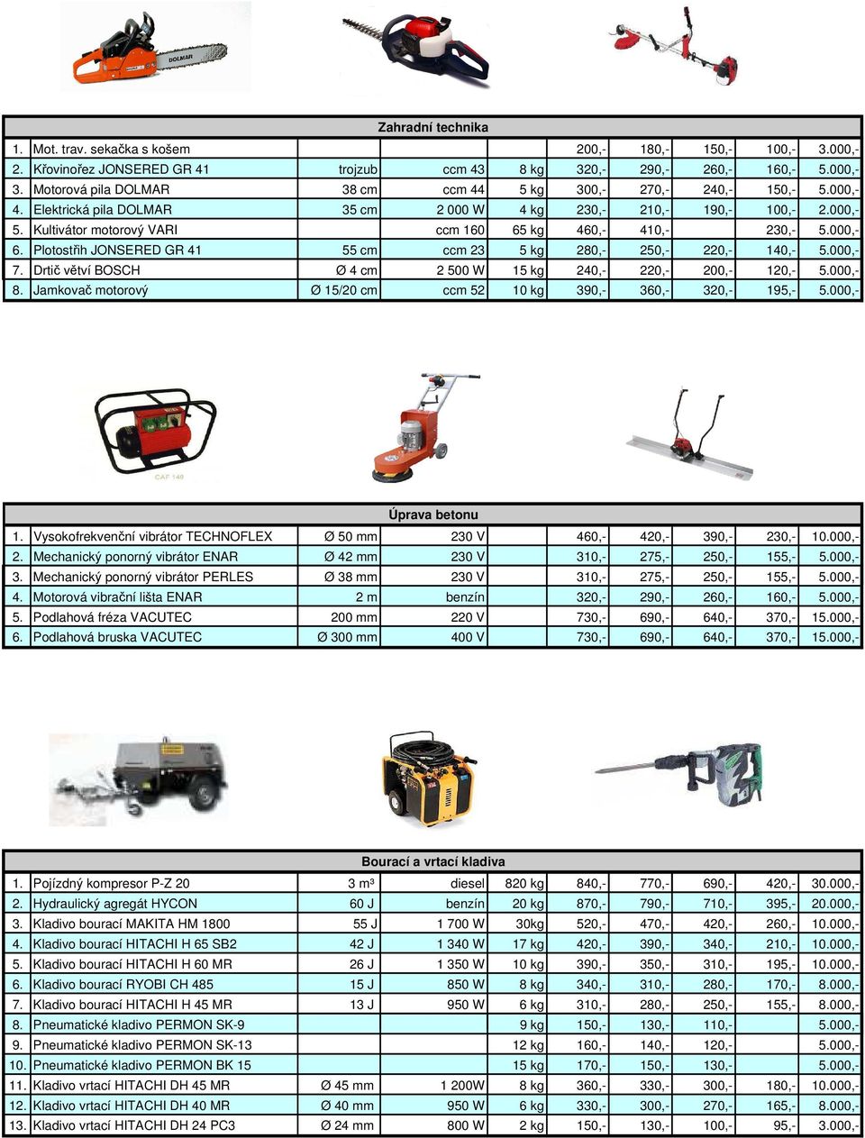 Kultivátor motorový VARI ccm 160 65 kg 460,- 410,- 230,- 5.000,- 6. Plotostřih JONSERED GR 41 55 cm ccm 23 5 kg 280,- 250,- 220,- 140,- 5.000,- 7.