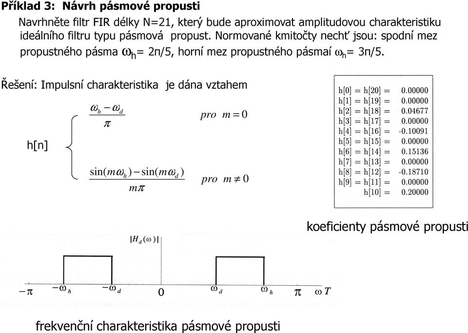 Normované kmitočty nechť jsou: spodní mez propustného pásma ω h = 2π/5, horní mez propustného pásmaí ω h = 3π/5.