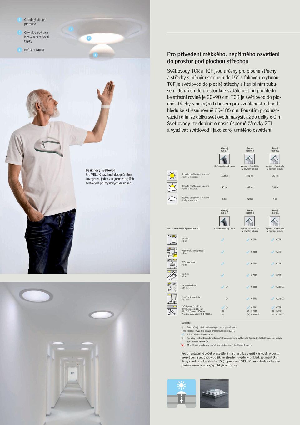 Je určen do prostor kde vzdálenost od podhledu ke střešní rovině je 0 90 cm. TCR je světlovod do plo - ché střechy s pevným tubusem pro vzdá lenost od pod - hledu ke střešní rovině 85 85 cm.