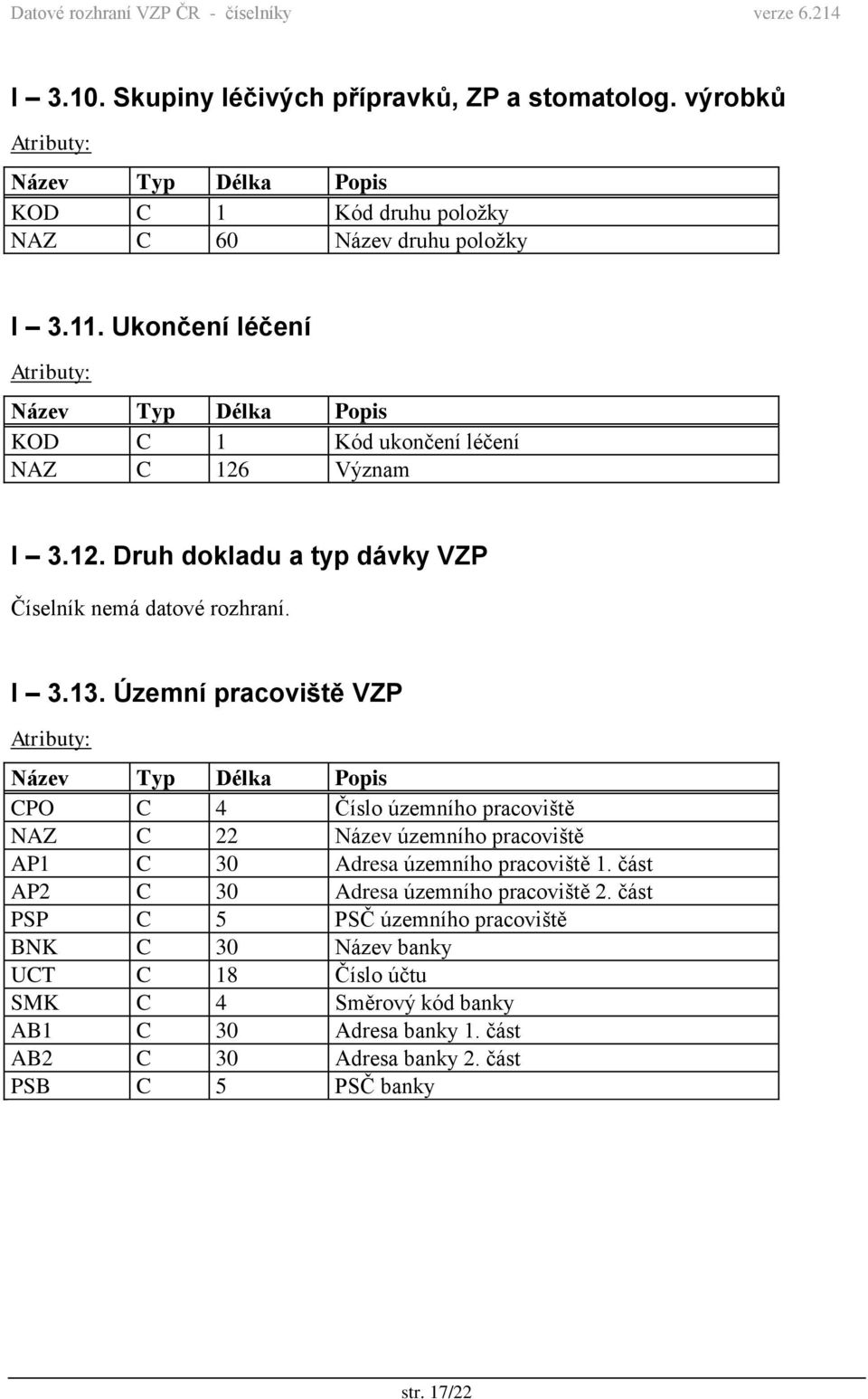 Územní pracoviště VZP CPO C 4 Číslo územního pracoviště NAZ C 22 Název územního pracoviště AP1 C 30 Adresa územního pracoviště 1.