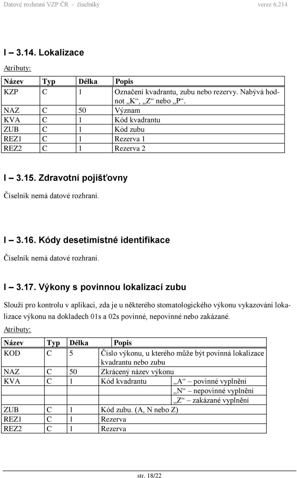 Výkony s povinnou lokalizací zubu Slouží pro kontrolu v aplikaci, zda je u některého stomatologického výkonu vykazování lokalizace výkonu na dokladech 01s a 02s povinné, nepovinné nebo zakázané.