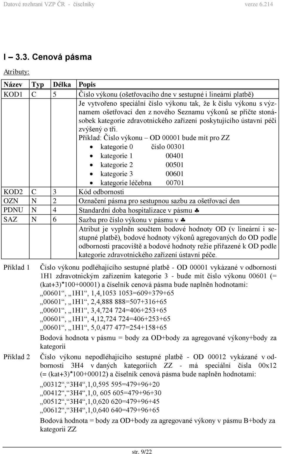 Příklad: Číslo výkonu OD 00001 bude mít pro ZZ kategorie 0 číslo 00301 kategorie 1 00401 kategorie 2 00501 kategorie 3 00601 kategorie léčebna 00701 KOD2 C 3 Kód odbornosti OZN N 2 Označení pásma pro