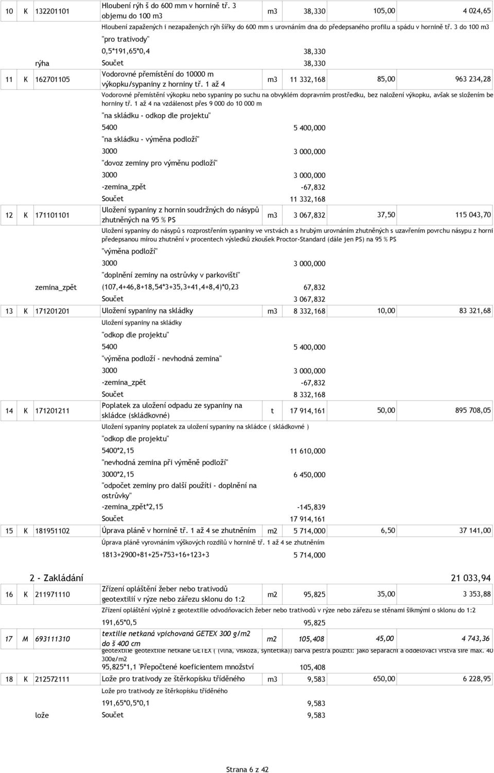 1 až 4 m3 11 332,168 5400 "na skládku - výměna podloží" 3000 5 400,000 3 000,000 3 000,000-67,832 11 332,168 12 K 171101101 Uložení sypaniny z hornin soudržných do násypů zhutněných na 95 % PS m3 3