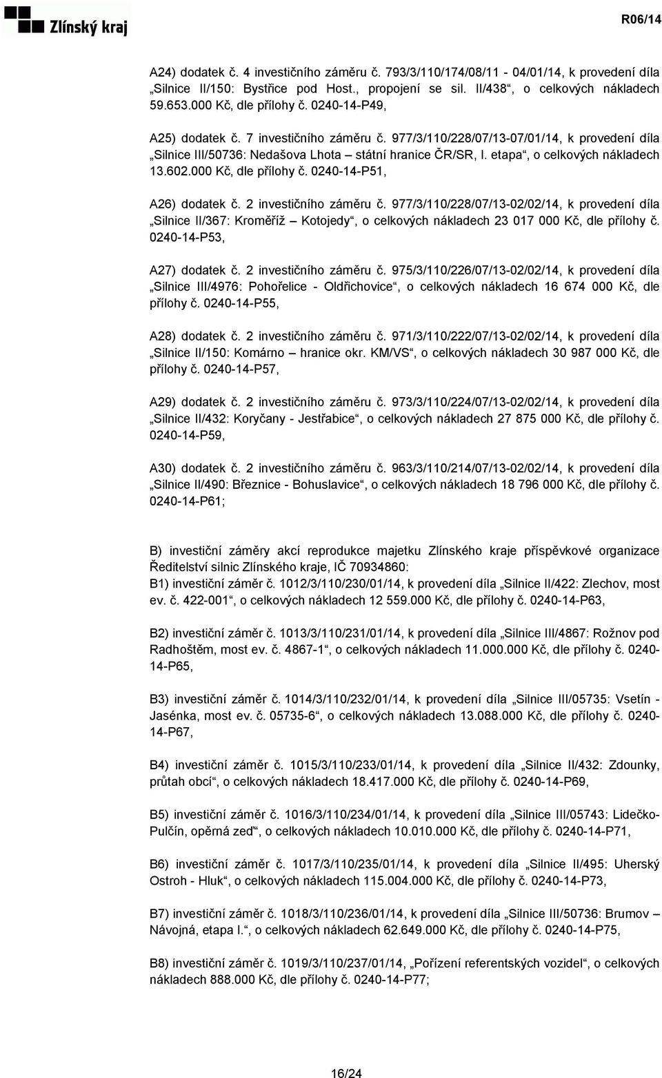 etapa, o celkových nákladech 13.602.000 Kč, dle přílohy č. 0240-14-P51, A26) dodatek č. 2 investičního záměru č.