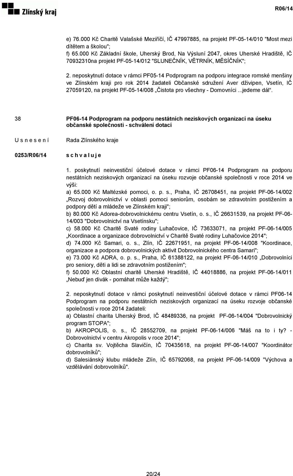 neposkytnutí dotace v rámci PF05-14 Podprogram na podporu integrace romské menšiny ve Zlínském kraji pro rok 2014 žadateli Občanské sdružení Aver dživipen, Vsetín, IČ 27059120, na projekt