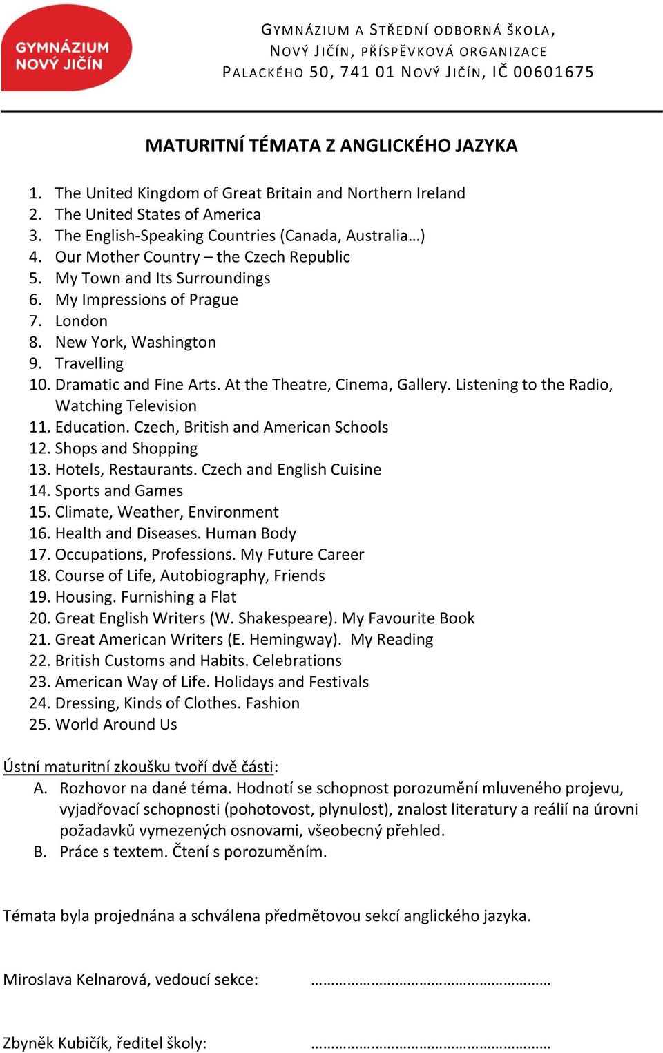 At the Theatre, Cinema, Gallery. Listening to the Radio, Watching Television 11. Education. Czech, British and American Schools 12. Shops and Shopping 13. Hotels, Restaurants.