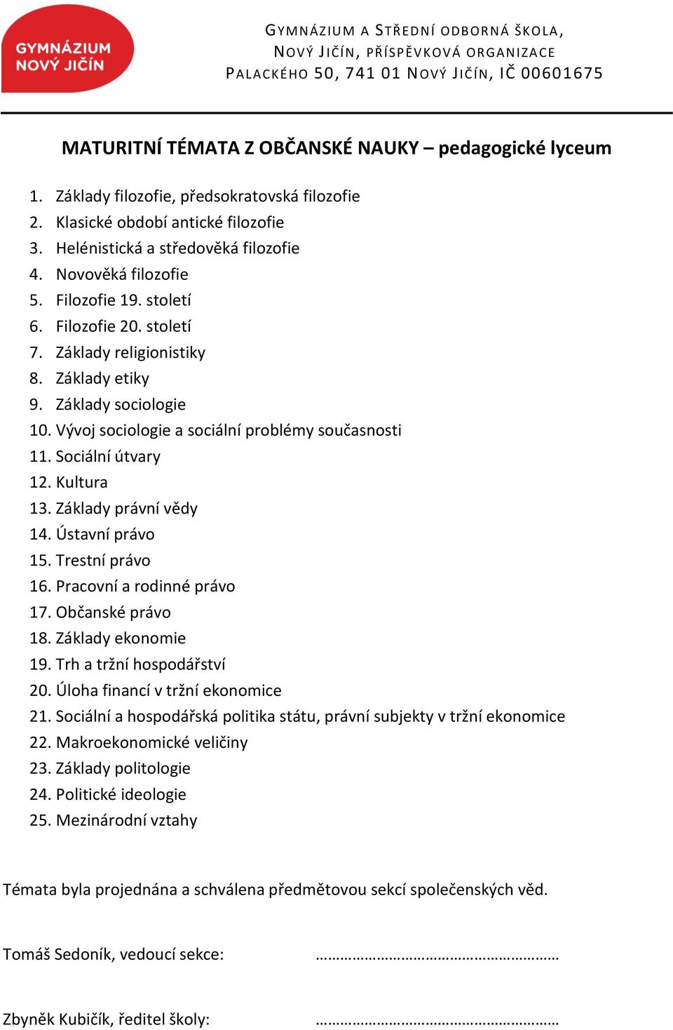 Sociální útvary 12. Kultura 13. Základy právní vědy 14. Ústavní právo 15. Trestní právo 16. Pracovní a rodinné právo 17. Občanské právo 18. Základy ekonomie 19. Trh a tržní hospodářství 20.