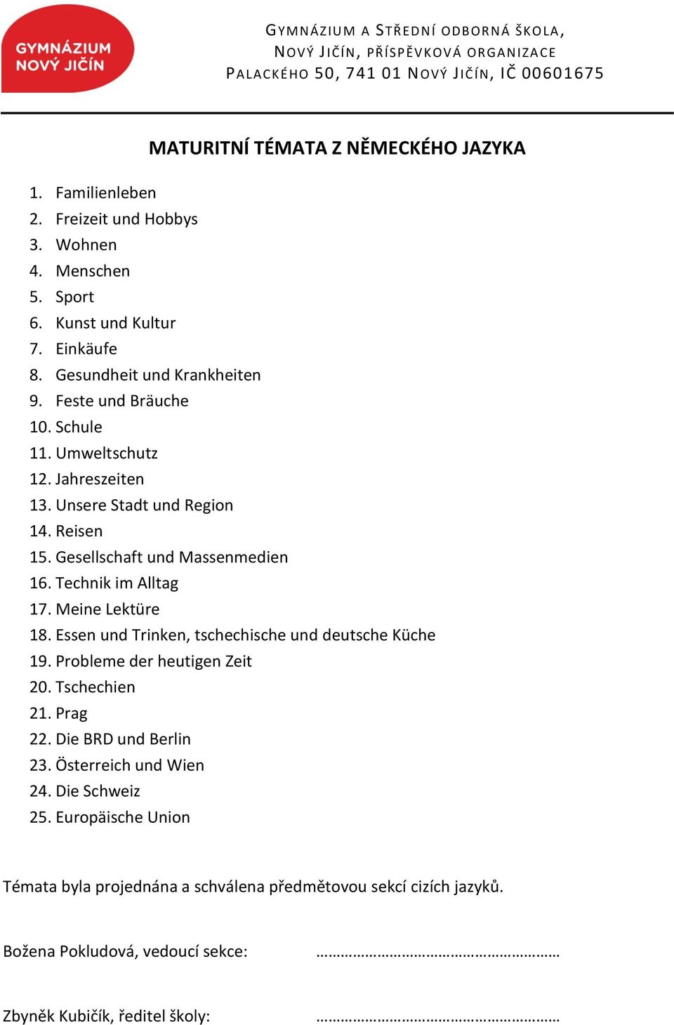 Gesellschaft und Massenmedien 16. Technik im Alltag 17. Meine Lektüre 18. Essen und Trinken, tschechische und deutsche Küche 19. Probleme der heutigen Zeit 20.