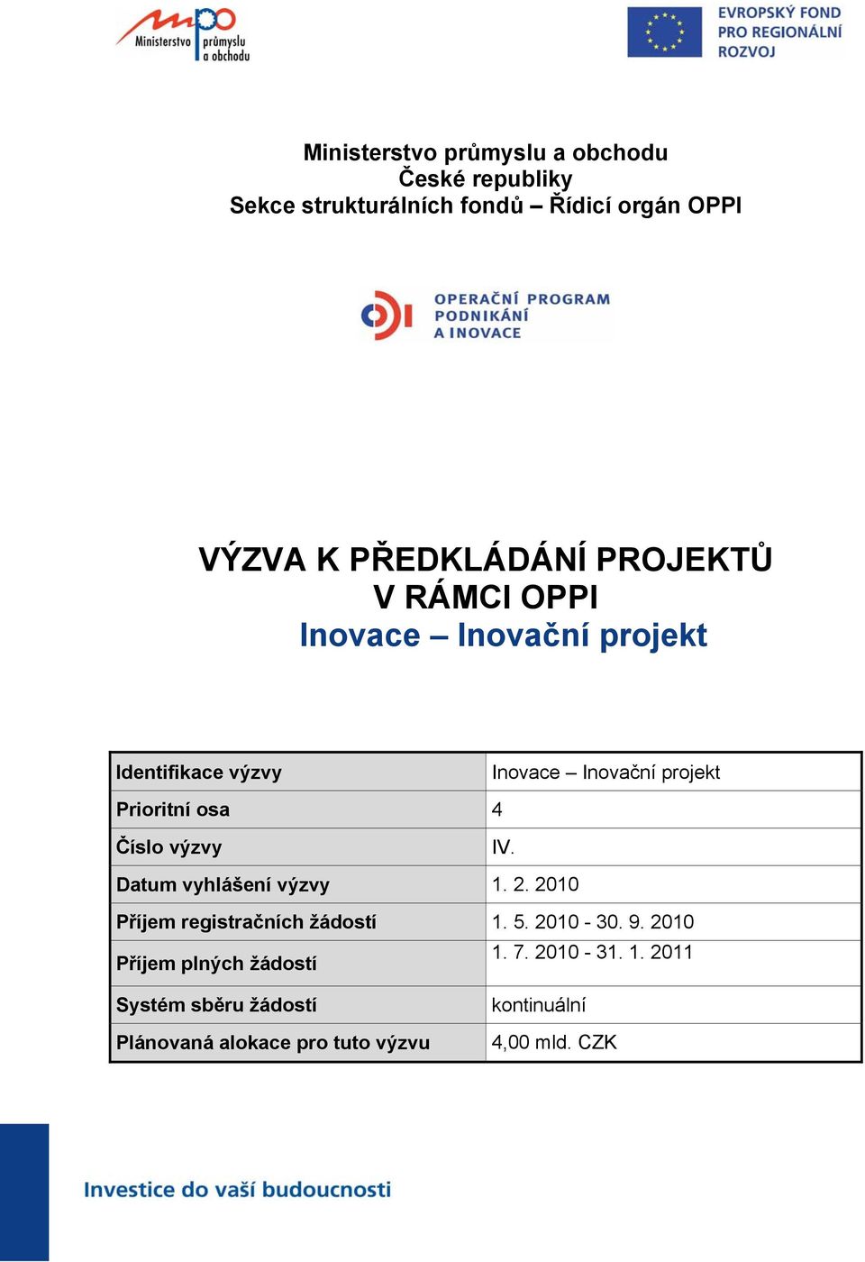 Prioritní osa 4 Číslo výzvy IV. Datum vyhlášení výzvy 1. 2. 2010 Příjem registračních žádostí 1. 5. 2010-30. 9.