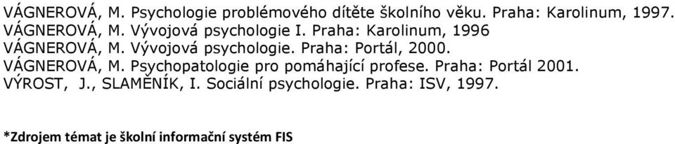 VÁGNEROVÁ, M. Psychopatologie pro pomáhající profese. Praha: Portál 2001. VÝROST, J.