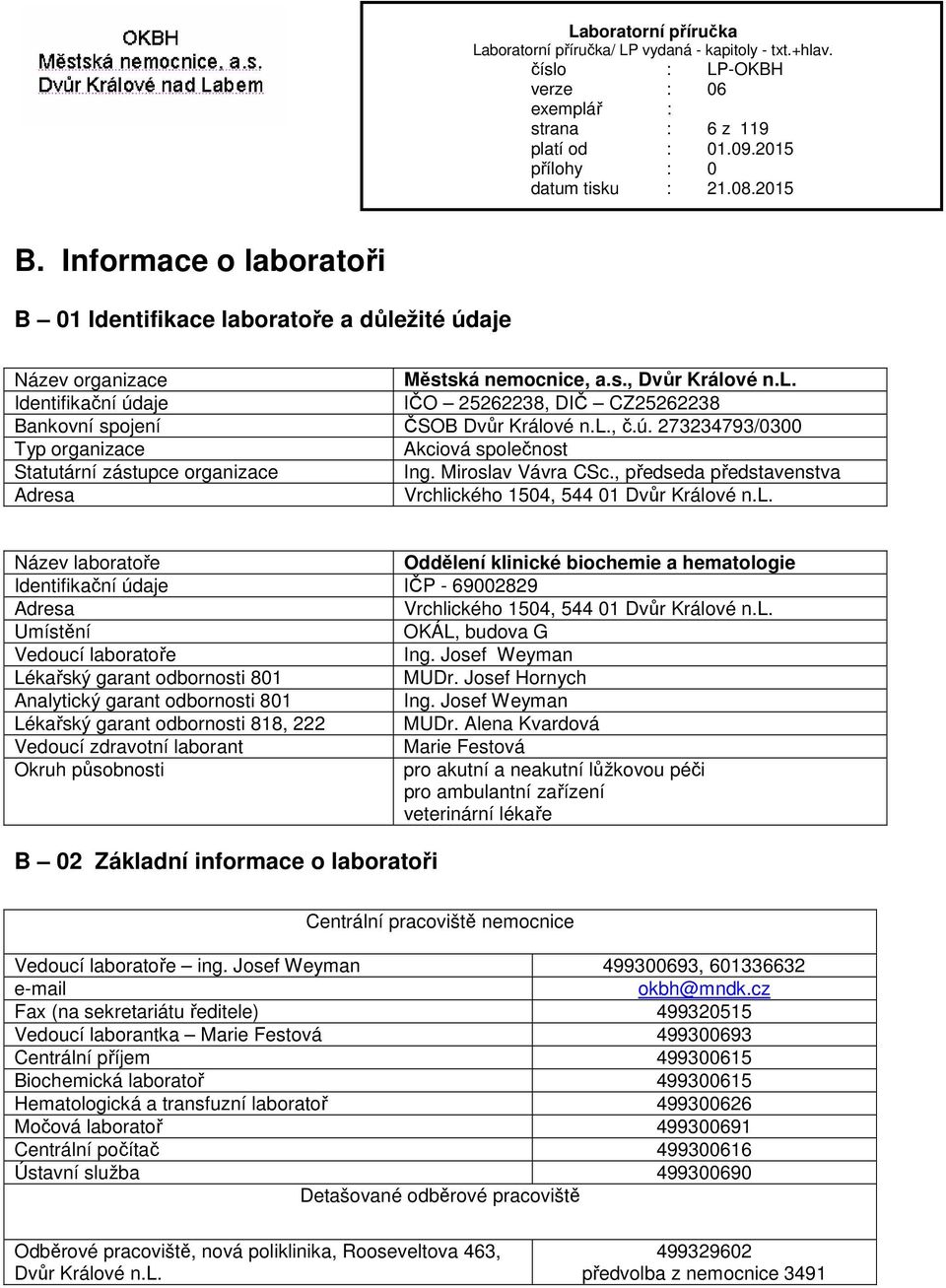 l. Umístění OKÁL, budova G Vedoucí laboratoře Ing. Josef Weyman Lékařský garant odbornosti 801 MUDr. Josef Hornych Analytický garant odbornosti 801 Ing.