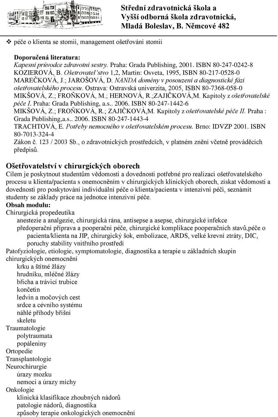 Ostrava: Ostravská univerzita, 2005, ISBN 80-7368-058-0 MIKŠOVÁ, Z.; FROŇKOVÁ, M.; HERNOVÁ, R.;ZAJIČKOVÁ,M. Kapitoly z ošetřovatelské péče I. Praha: Grada Publishing, a.s.. 2006.