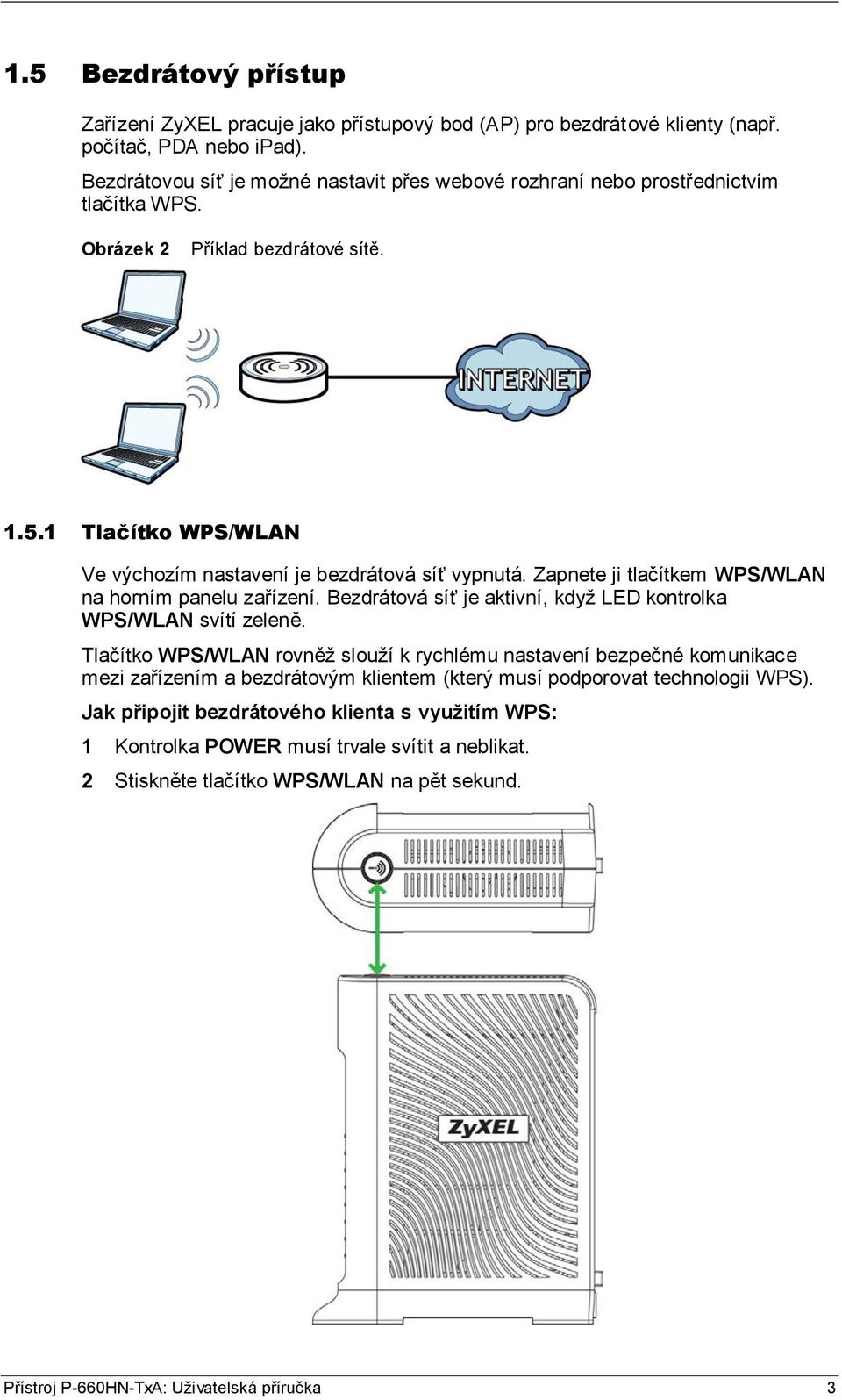 Zapnete ji tlačítkem WPS/WLAN na horním panelu zařízení. Bezdrátová síť je aktivní, když LED kontrolka WPS/WLAN svítí zeleně.