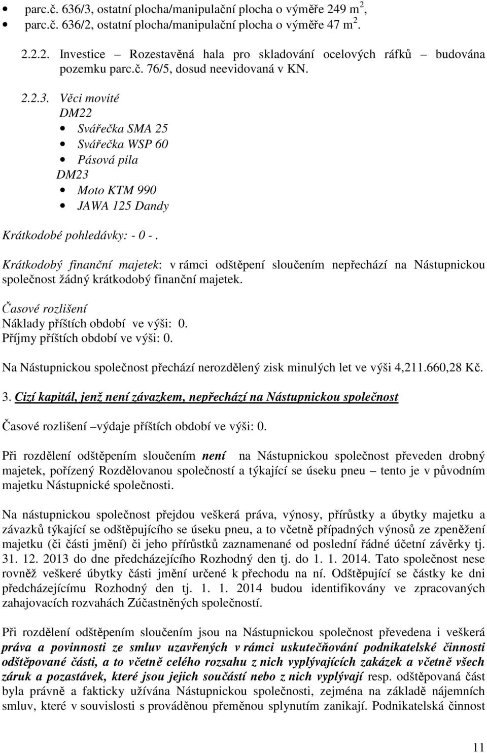 Krátkodobý finanční majetek: v rámci odštěpení sloučením nepřechází na Nástupnickou společnost žádný krátkodobý finanční majetek. Časové rozlišení Náklady příštích období ve výši: 0.