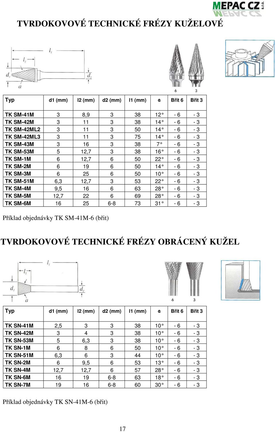 9,5 16 6 63 28-6 - 3 TK SM-5M 12,7 22 6 69 28-6 - 3 TK SM-6M 16 25 6-8 73 31-6 - 3 Příklad objednávky TK SM-41M-6 (břit) TVRDOKOVOVÉ TECHNICKÉ FRÉZY OBRÁCENÝ KUŽEL Typ d1 (mm) l2 (mm) d2 (mm) l1 (mm)