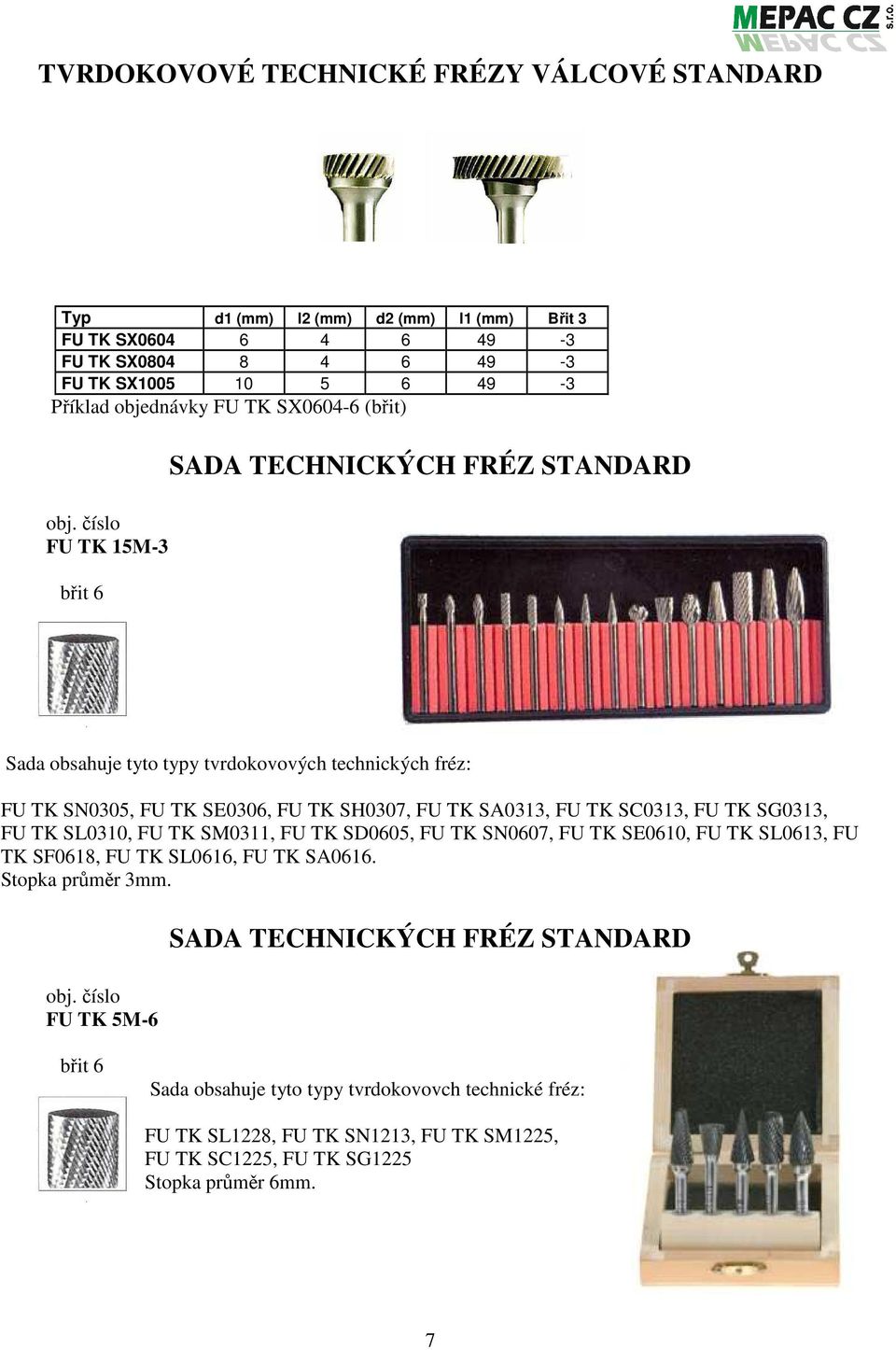 číslo FU TK 15M-3 břit 6 SADA TECHNICKÝCH FRÉZ STANDARD Sada obsahuje tyto typy tvrdokovových technických fréz: FU TK SN0305, FU TK SE0306, FU TK SH0307, FU TK SA0313, FU TK SC0313, FU TK