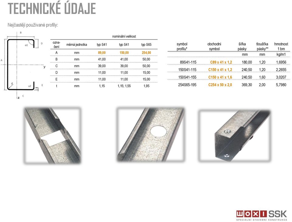 symbol profilu* obchodní symbol šířka tloušťka hmotnost pásky pásky** 1 bm mm mm kg/m1 89S41-115 C89 x 41 x 1,2 180,00 1,20 1,6956