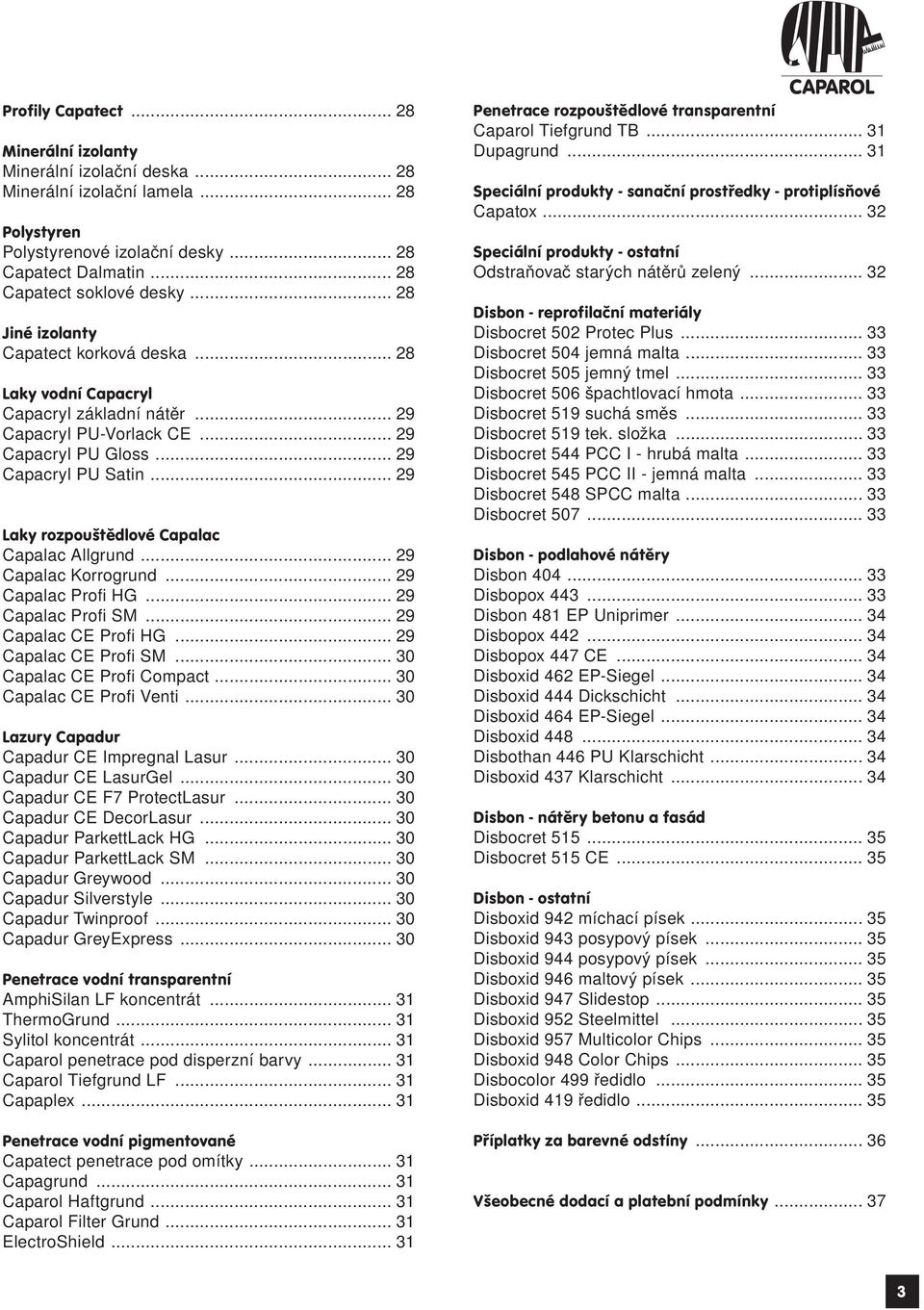 .. 29 Laky rozpouštědlové Capalac Capalac Allgrund... 29 Capalac Korrogrund... 29 Capalac Profi HG... 29 Capalac Profi SM... 29 Capalac CE Profi HG... 29 Capalac CE Profi SM.