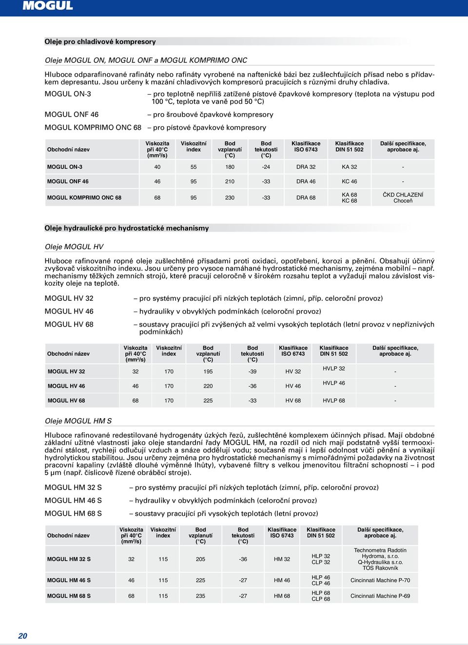 MOGUL ON-3 pro teplotně nepříliš zatížené pístové čpavkové kompresory (teplota na výstupu pod 100 C, teplota ve vaně pod 50 C) MOGUL ONF 46 pro šroubové čpavkové kompresory MOGUL KOMPRIMO ONC 68 pro