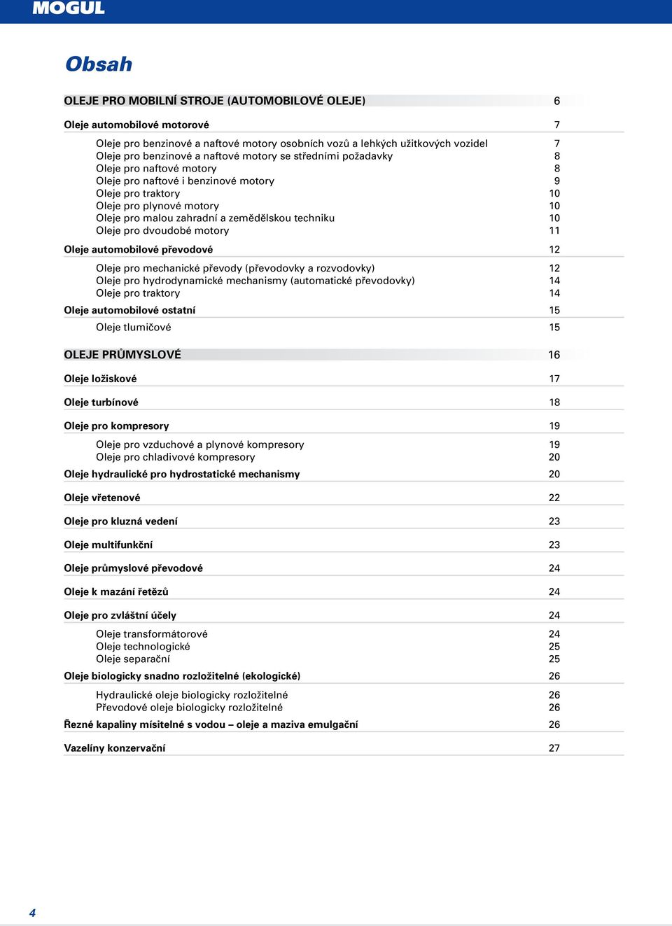 Oleje pro dvoudobé motory 11 Oleje automobilové převodové 12 Oleje pro mechanické převody (převodovky a rozvodovky) 12 Oleje pro hydrodynamické mechanismy (automatické převodovky) 14 Oleje pro