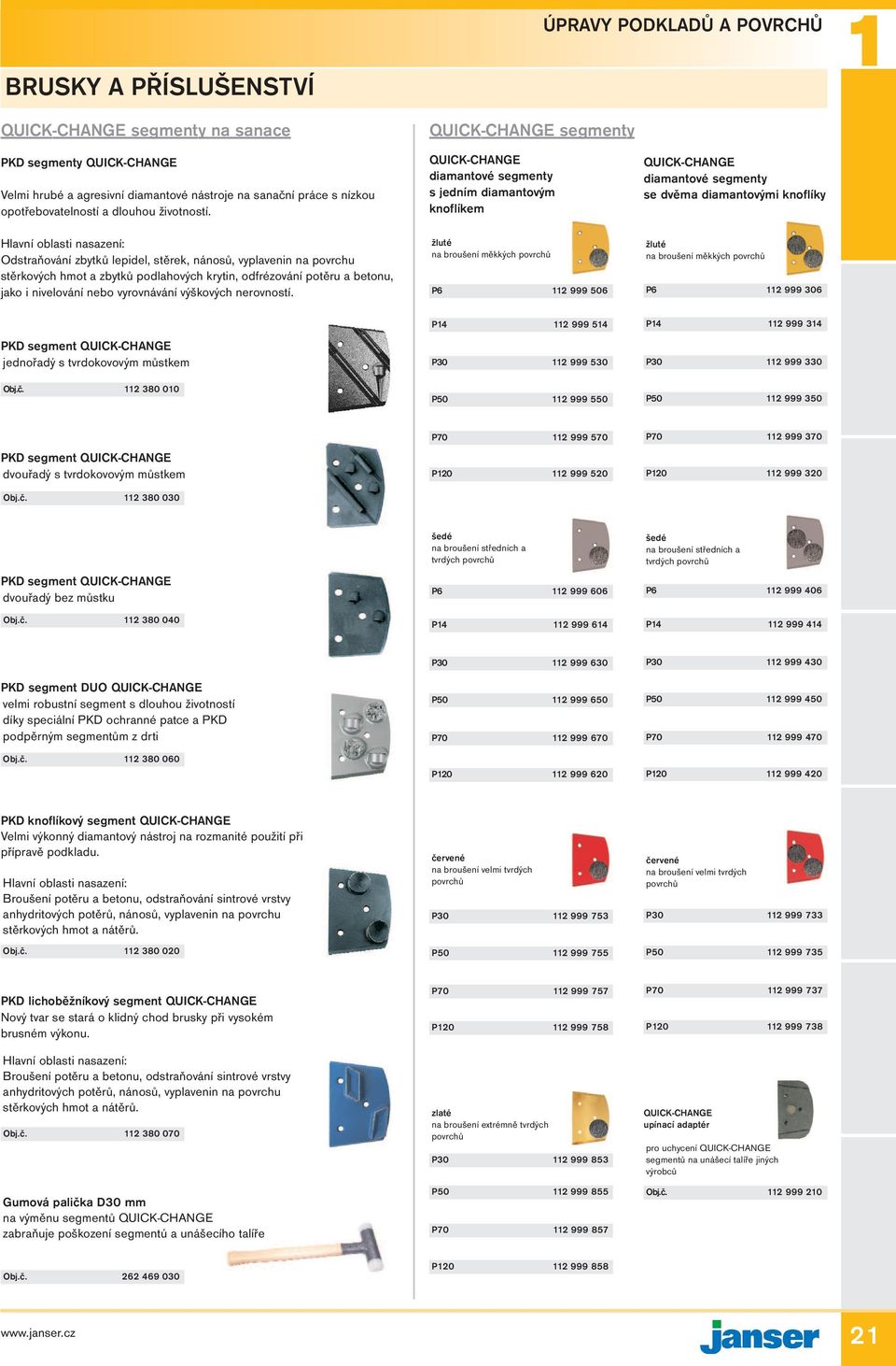 QUICK-CHANGE diamantové segmenty s jedním diamantovým knoflíkem QUICK-CHANGE diamantové segmenty se dvěma diamantovými knoflíky Hlavní oblasti nasazení: Odstraňování zbytků lepidel, stěrek, nánosů,