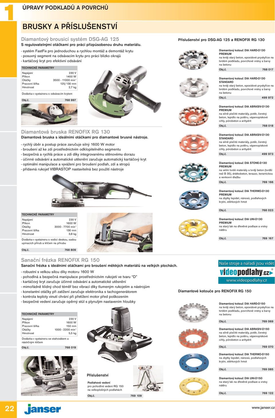 Pracovní šířka 125/130 mm 2,7 kg Dodávka v systaineru s odsávacím krytem Obj.č. 768 997 Diamantová bruska RENOFIX RG 130 Diamantová bruska s ideálními otáčkami pro diamantové brusné nástroje.