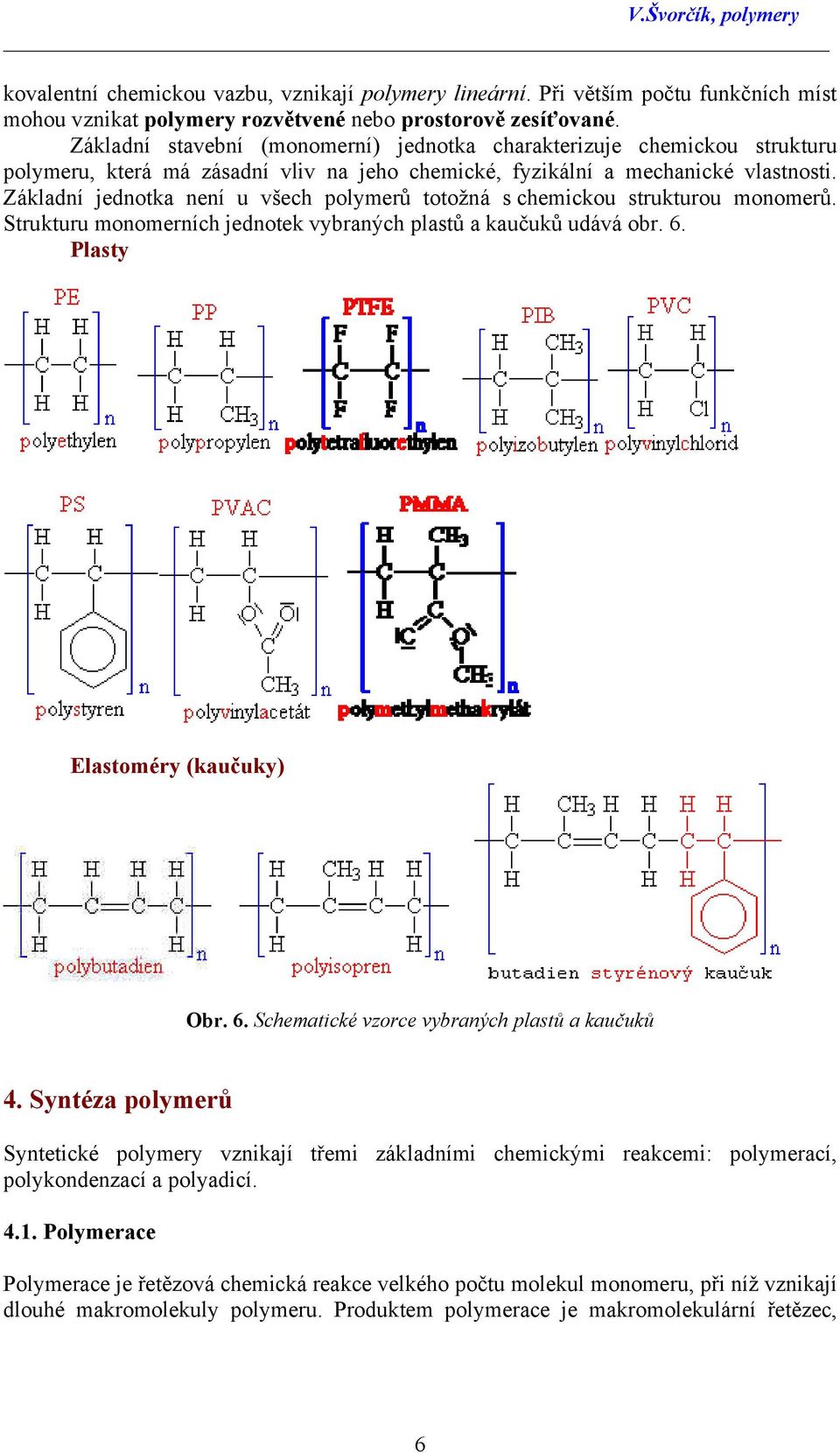 Základní jednotka není u všech polymerů totožná s chemickou strukturou monomerů. Strukturu monomerních jednotek vybraných plastů a kaučuků udává obr. 6.