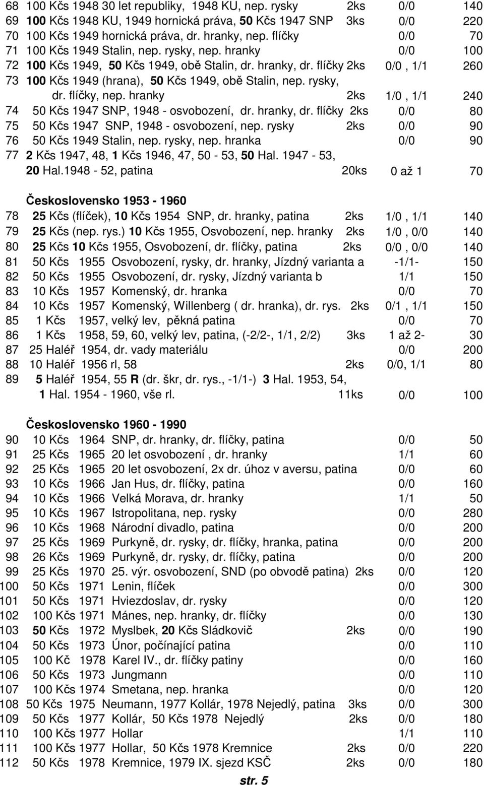 flíčky 2ks 0/0, 1/1 260 73 N2 100 Kčs 1949 (hrana), 50 Kčs 1949, obě Stalin, nep. rysky, dr. flíčky, nep. hranky 2ks 1/0, 1/1 240 E38 74 50 Kčs 1947 SNP, 1948 - osvobození, dr. hranky, dr.