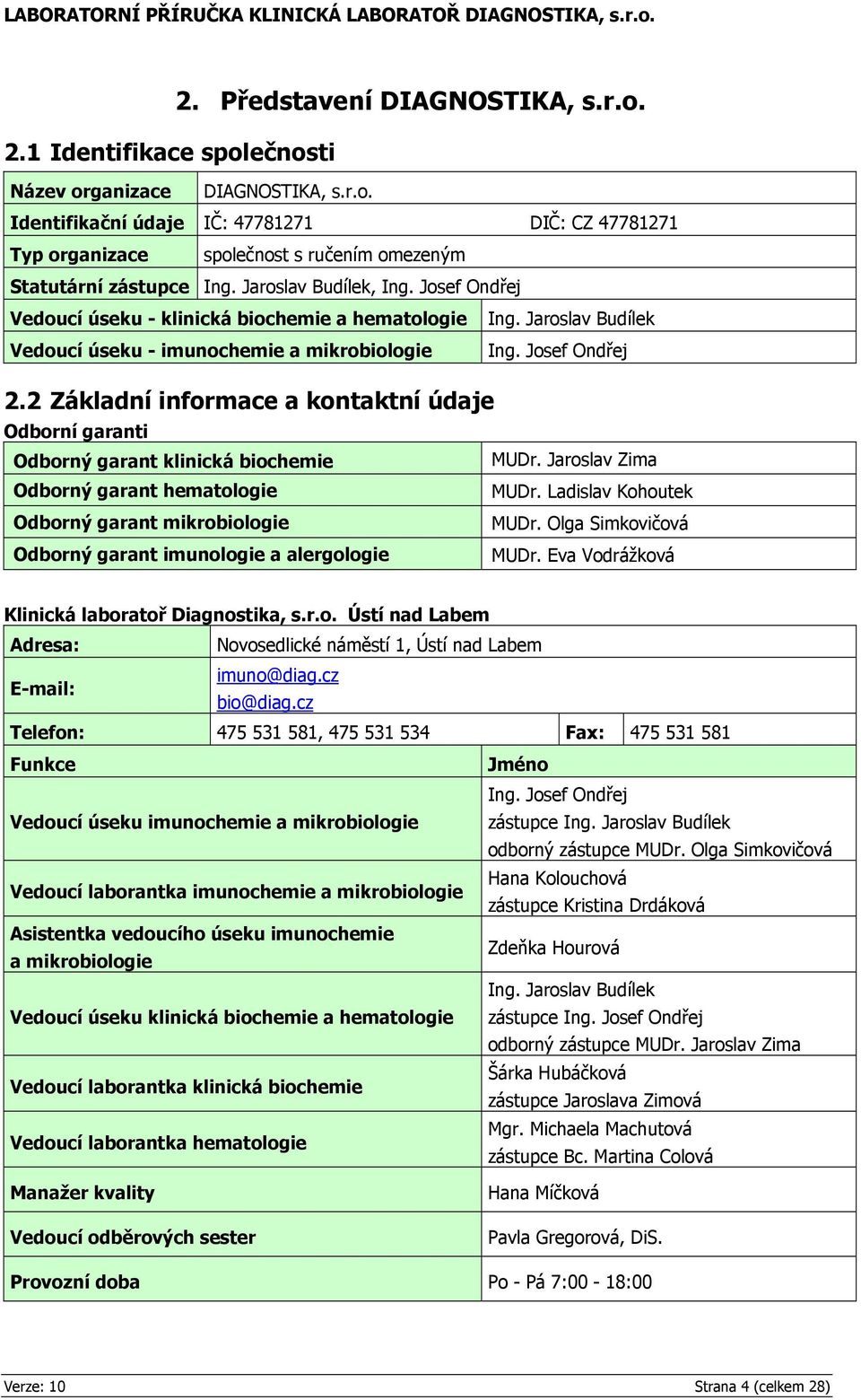 2 Základní informace a kontaktní údaje Odborní garanti Odborný garant klinická biochemie MUDr. Jaroslav Zima Odborný garant hematologie MUDr. Ladislav Kohoutek Odborný garant mikrobiologie MUDr.