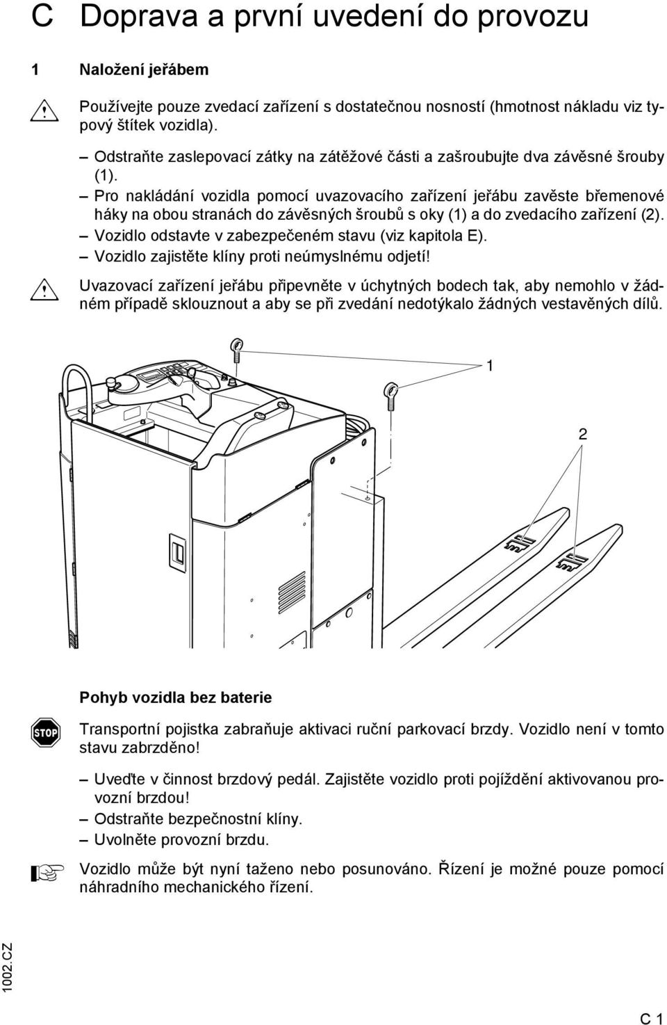 Pro nakládání vozidla pomocí uvazovacího zařízení jeřábu zavěste břemenové háky na obou stranách do závěsných šroubů s oky (1) a do zvedacího zařízení (2).