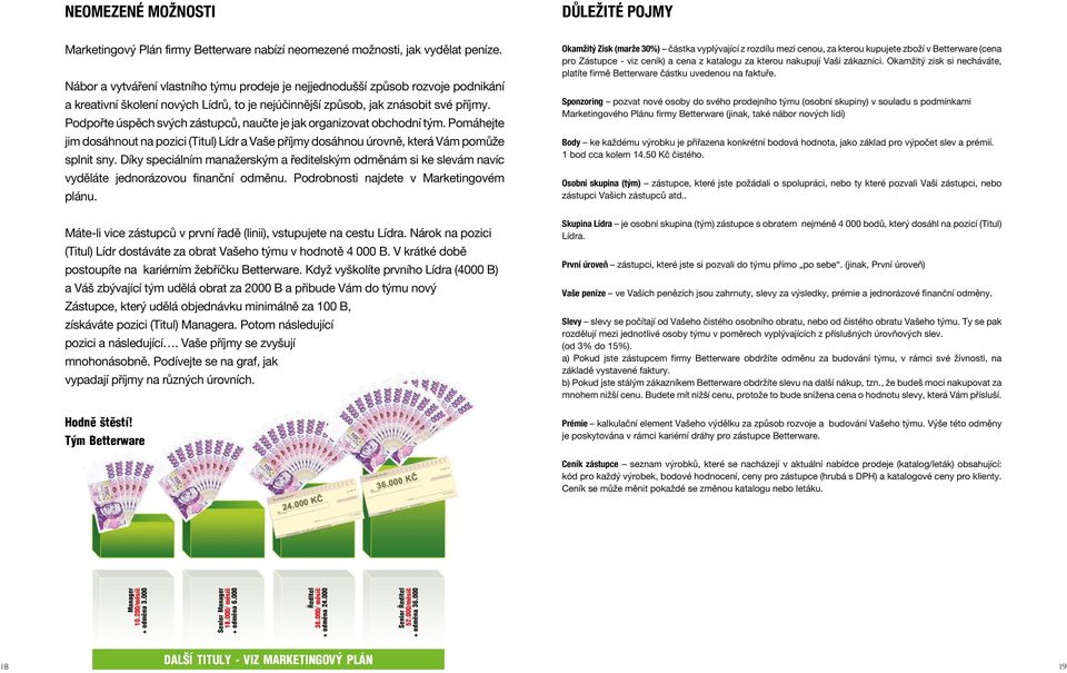 Podpořte úspěch svých zástupců, naučte je jak organizovat obchodní tým. Pomáhejte jim dosáhnout na pozici (Titul) Lídr a Vaše příjmy dosáhnou úrovně, která Vám pomůže splnit sny.