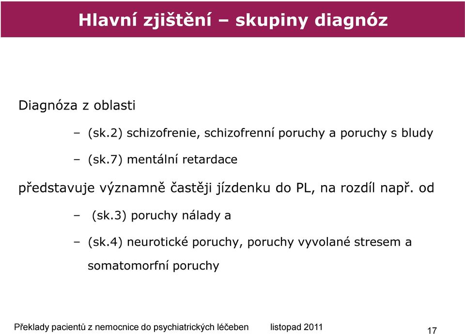 ) mentální retardace představuje významně častěji jízdenku do PL, na