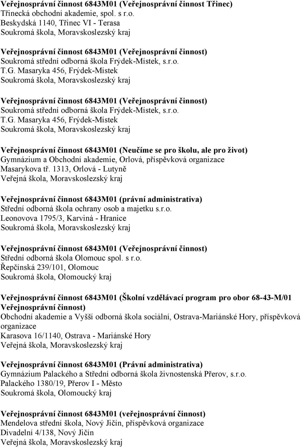 Masaryka 456, Frýdek-Místek Veřejnosprávní činnost 6843M01 (Neučíme se pro školu, ale pro život) Gymnázium a Obchodní akademie, Orlová, příspěvková organizace Masarykova tř.
